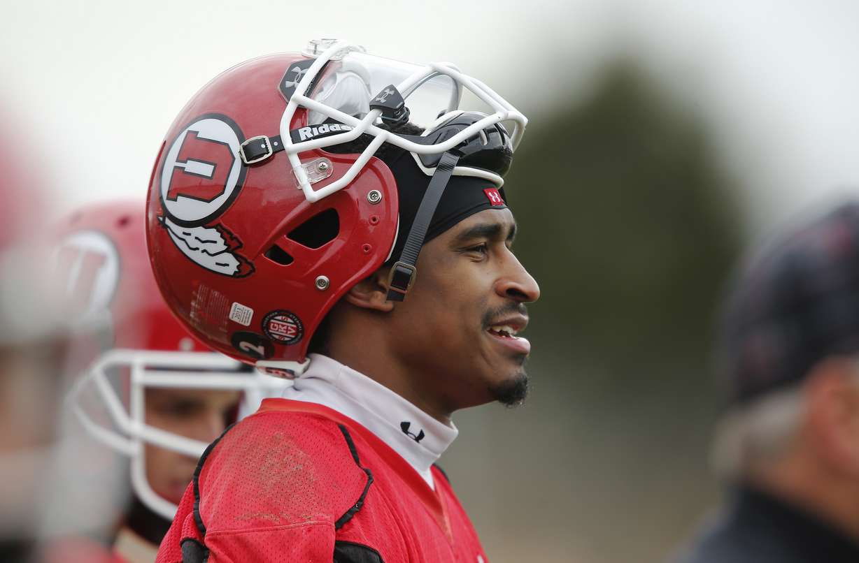 Utah Utes wide receiver Kenneth Scott (2) takes a break during spring practice in Salt Lake City. (Jeffrey D. Allred/Deseret News)