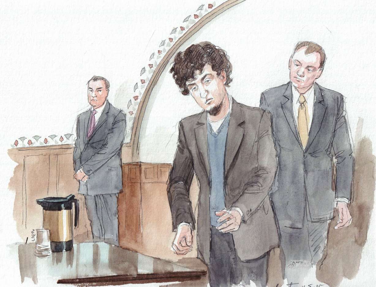 After deliberating for 11 1/2 hours, jurors found Dzhokhar Tsarnaev guilty on Wednesday, April 8, 2015, of all 30 counts he faced in the Boston Marathon bombing trial. Seventeen of the 30 counts were capital charges, meaning he is eligible for the death penalty. (Sketch by Art Lien)