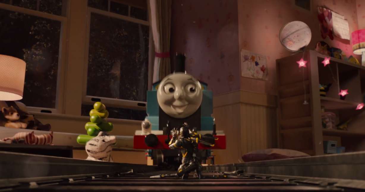 Ant-Man vs. Yellowjacket on the grandest stage of them all — a toy train track. (Marvel Entertainment/YouTube)