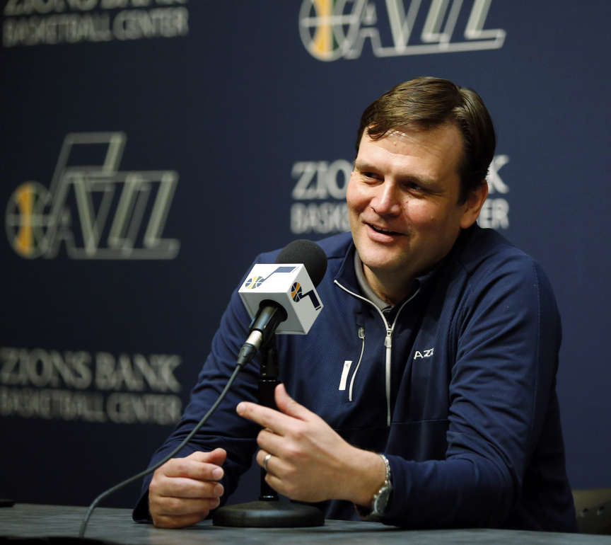 Utah Jazz General Manager Dennis Lindsey talks with the media at Zions Bank Basketball Center in Salt Lake City, Thursday, April 16, 2015. (Deseret News)
