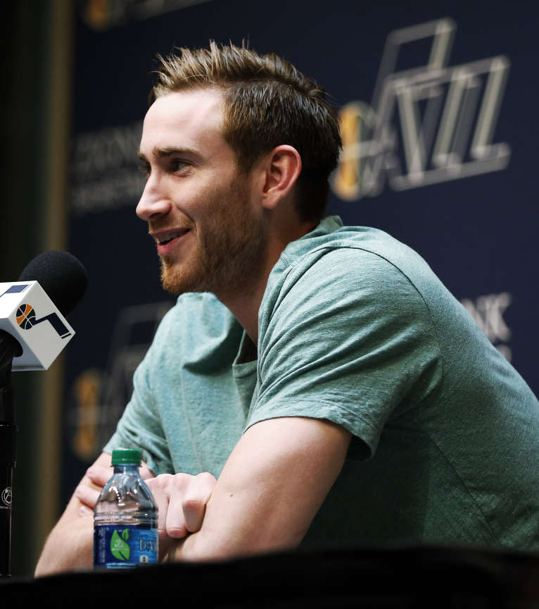 Gordon Hayward of the Utah Jazz talks with the media at Zions Bank Basketball Center in Salt Lake City, Thursday, April 16, 2015.
