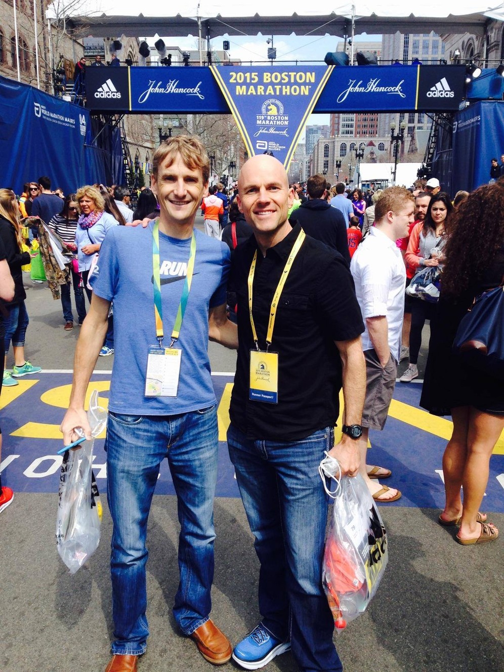 Scott Keate (right) poses at the start line of the Boston Marathon with friend and fellow competitor, Fritz Van De Kamp. (Photo: Scott Keate)