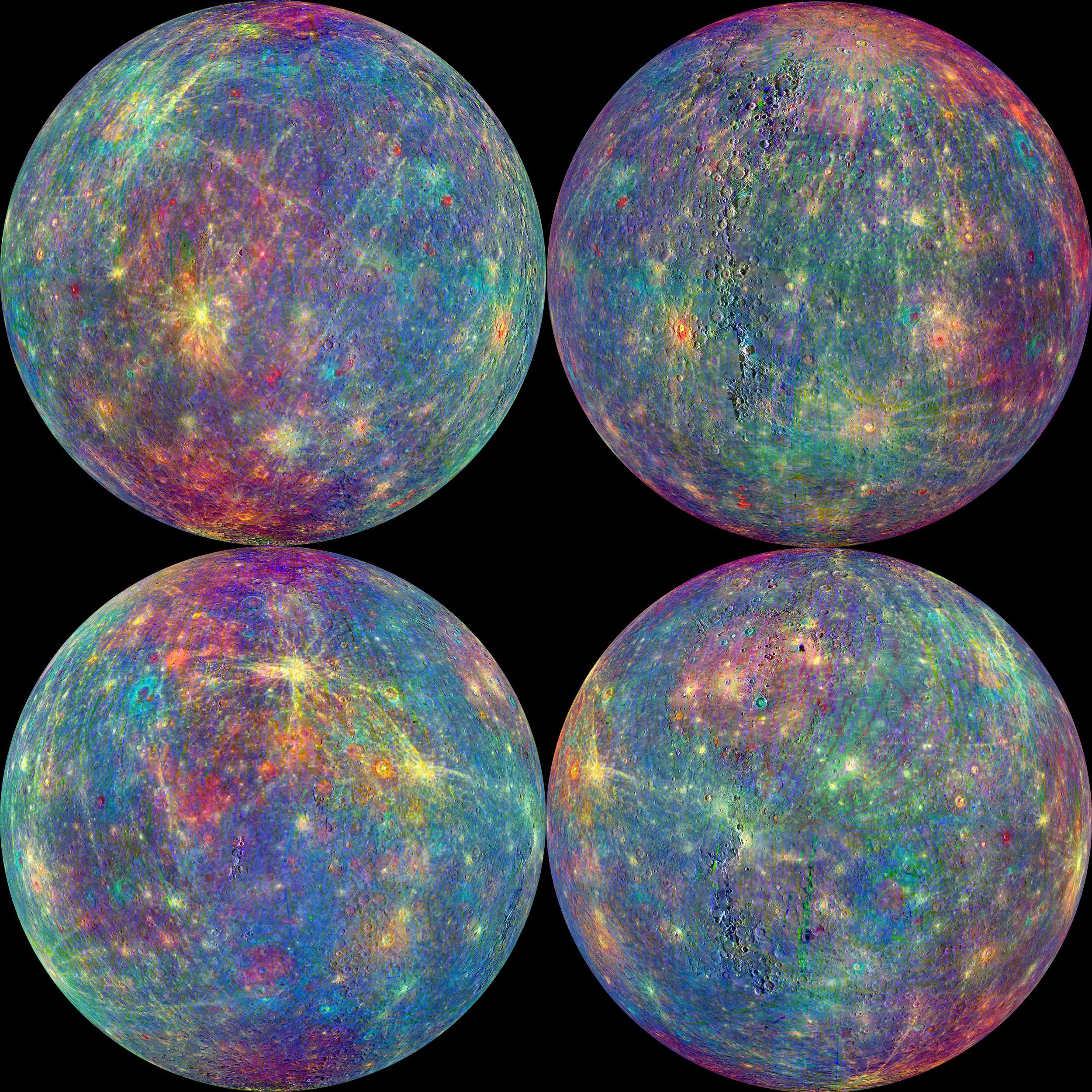 This combination of images provided by NASA shows the readings from the Mercury Atmosphere and Surface Composition Spectrometer (MASCS) instrument aboard the Messenger spacecraft. Colors were added to study both the exosphere and surface of the planet. (NASA/Johns Hopkins University Applied Physics Laboratory/Carnegie Institution of Washington via AP)
