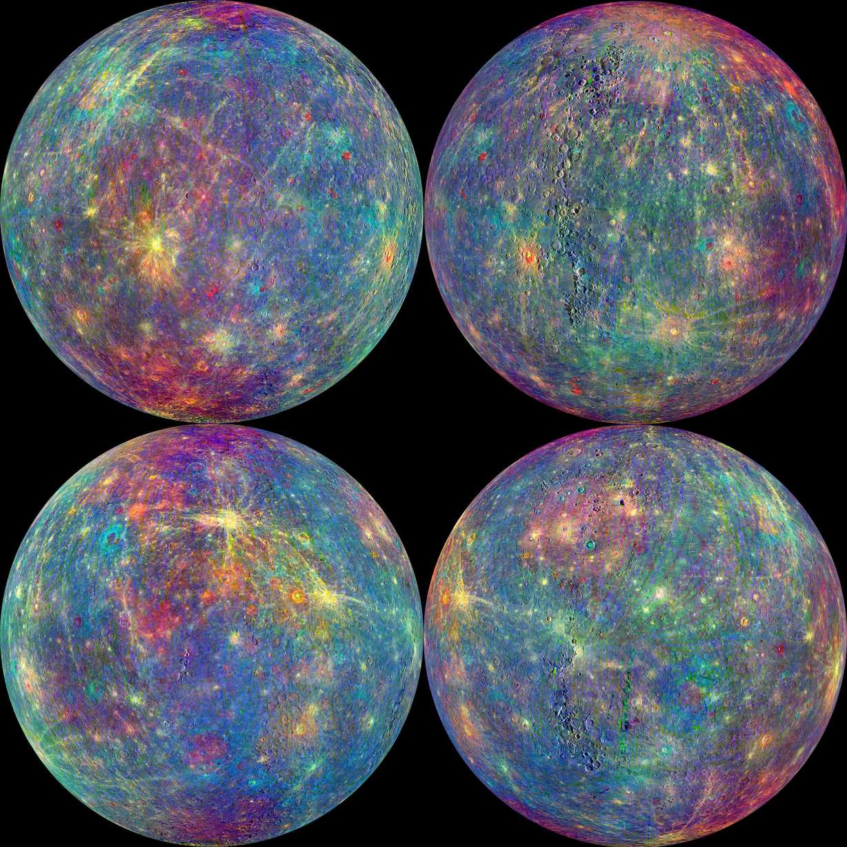 This combination of images provided by NASA shows the readings from the Mercury Atmosphere and Surface Composition Spectrometer (MASCS) instrument aboard the Messenger spacecraft. Colors were added to study both the exosphere and surface of the planet. (NASA/Johns Hopkins University Applied Physics Laboratory/Carnegie Institution of Washington via AP)