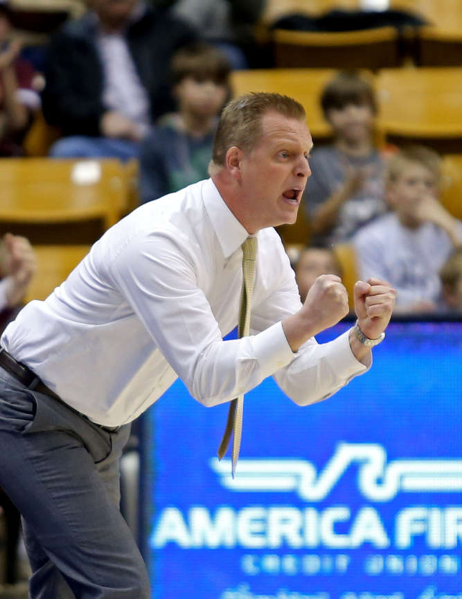 Lone Peak coach Quincy Lewis as Lone Peak High School plays American Fork High School in boy's basketball at the Marriott Center Friday, Jan. 16, 2015, in Provo. (Tom Smart/Deseret News)