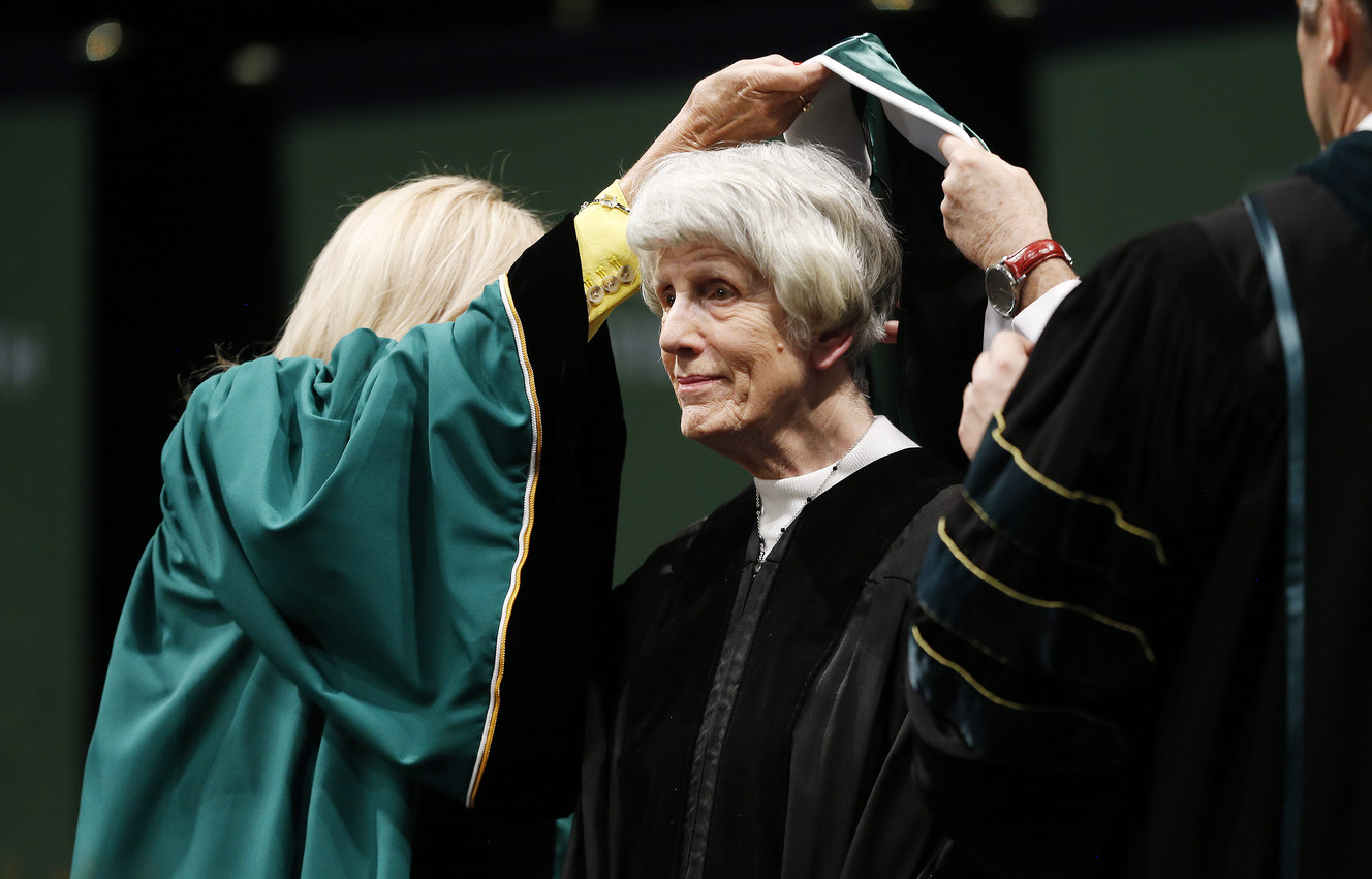 Pamela Atkinson receives an honorary degree during Utah Valley University commencement in Orem on Thursday, April 30, 2015. (Photo: Jeffrey D. Allred, Deseret News)