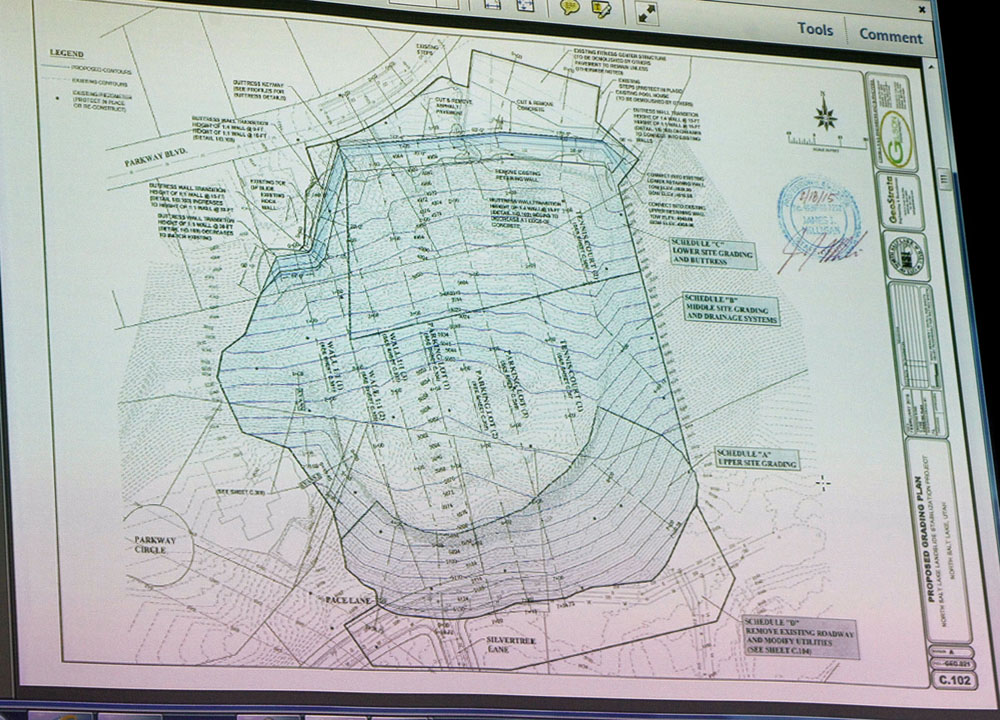 A topographical map is presented during a meeting to discuss a funding plan to remediate the landslide in North Salt Lake on Tuesday, May 5, 2015. (Photo: Chelsey Allder, Deseret News)