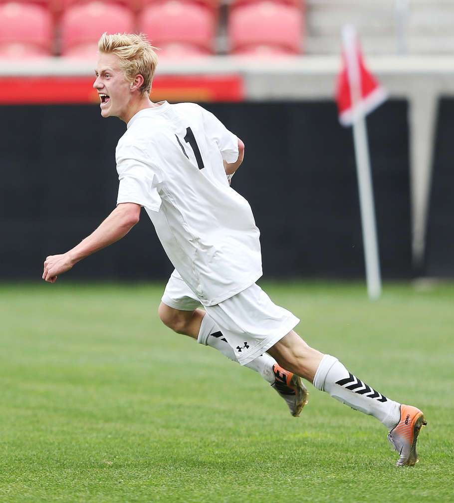 Alta's Bryson Colomere celebrates his first goal against Brighton during the Class 5A boys soccer state championship game in Sandy Thursday, May 21, 2015. Alta won 2-1. (Photo: Jeffrey D. Allred/Deseret News)