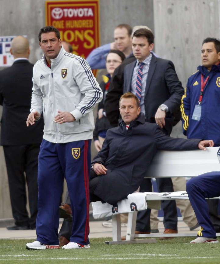 Real assistant coach Jeff Cassar stands as head coach Jason Kreis sits as Real Salt Lake and the Colorado Rapids play to a 1-1 tie on March 16, 2013, in Sandy. Cassar became the next RSL head coach after Kreis left for New York City FC last year. (Tom Smart/Deseret News)