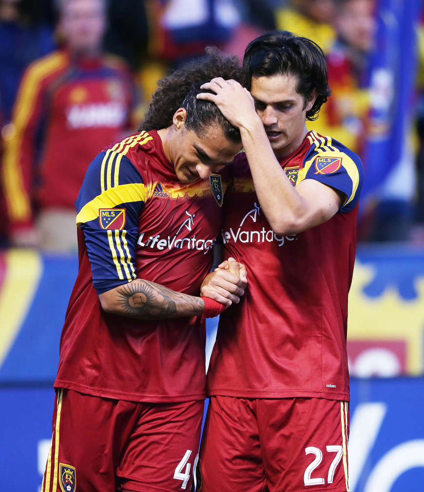 Real Salt Lake midfielder John Stertzer (27) celebrates his goal with teammate forward Devon Sandoval (49) against New York City FC in MLS action in Sandy on Saturday, May 23, 2015. (Photo: Jeffrey D. Allred/Deseret News)