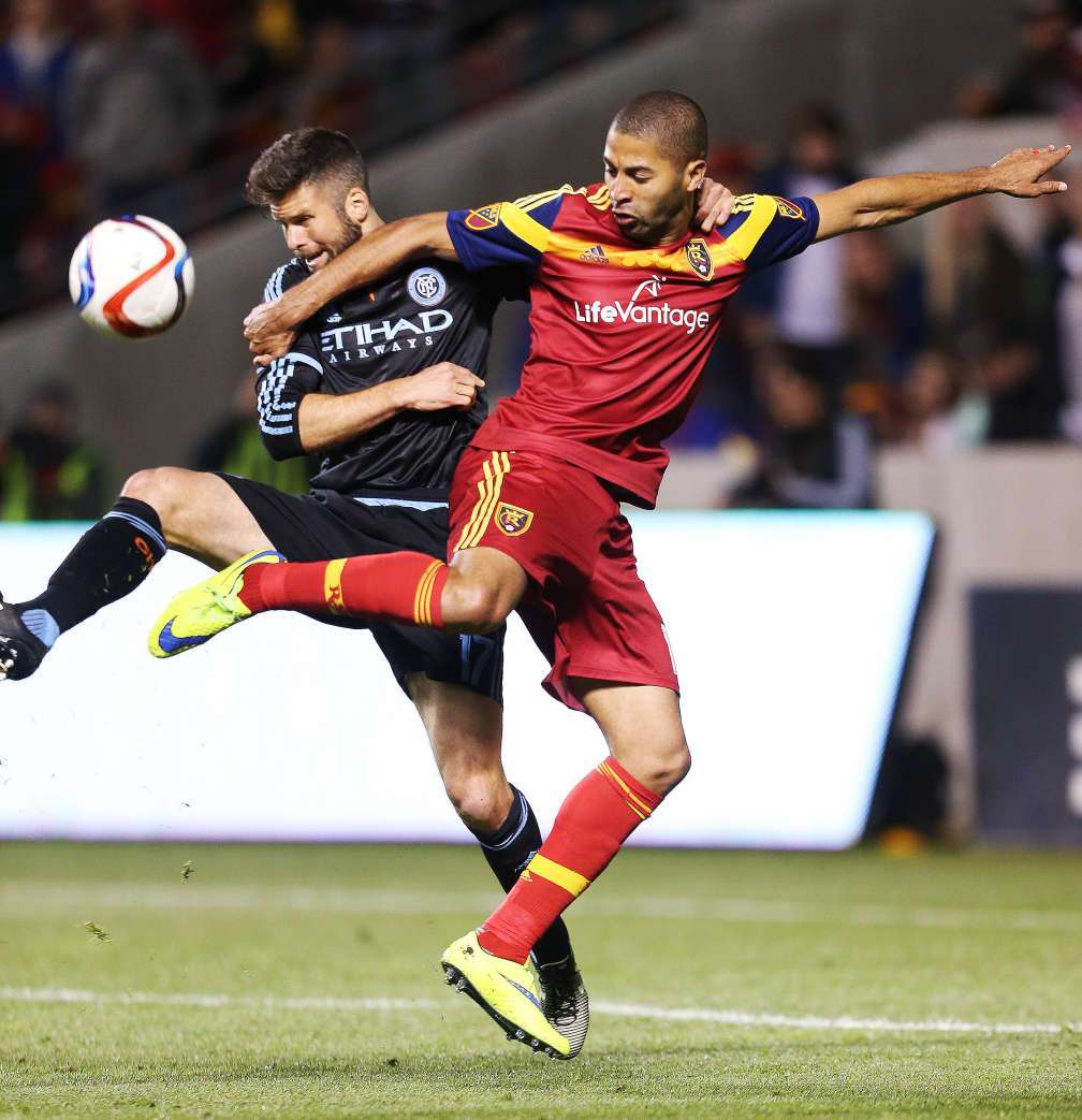 Real Salt Lake forward Alvaro Saborio (15) and New York City FC defender Chris Wingert (17) compete in MLS action in Sandy Saturday, May 23, 2015. Real won 2-0. (Photo: Jeffrey D. Allred/Deseret News)