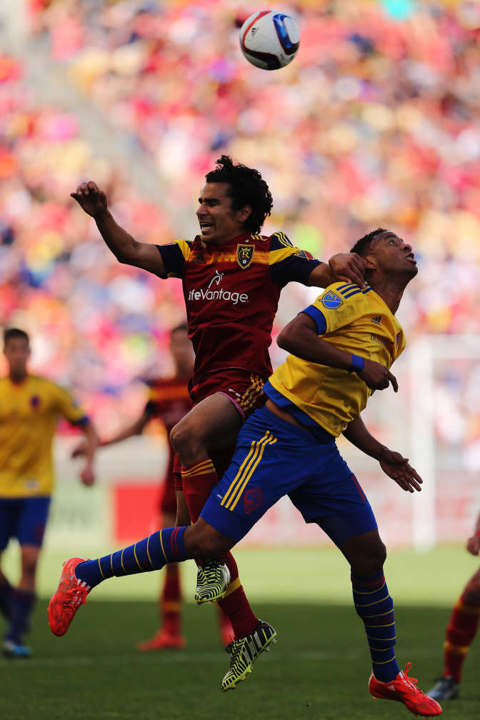 RSL's Tony Beltran battles for the ball with the Colorado Rapids during MLS action in Sandy Sunday, June 7, 2015. The game ended in a tie. (Jeffrey D. Allred/Deseret News)