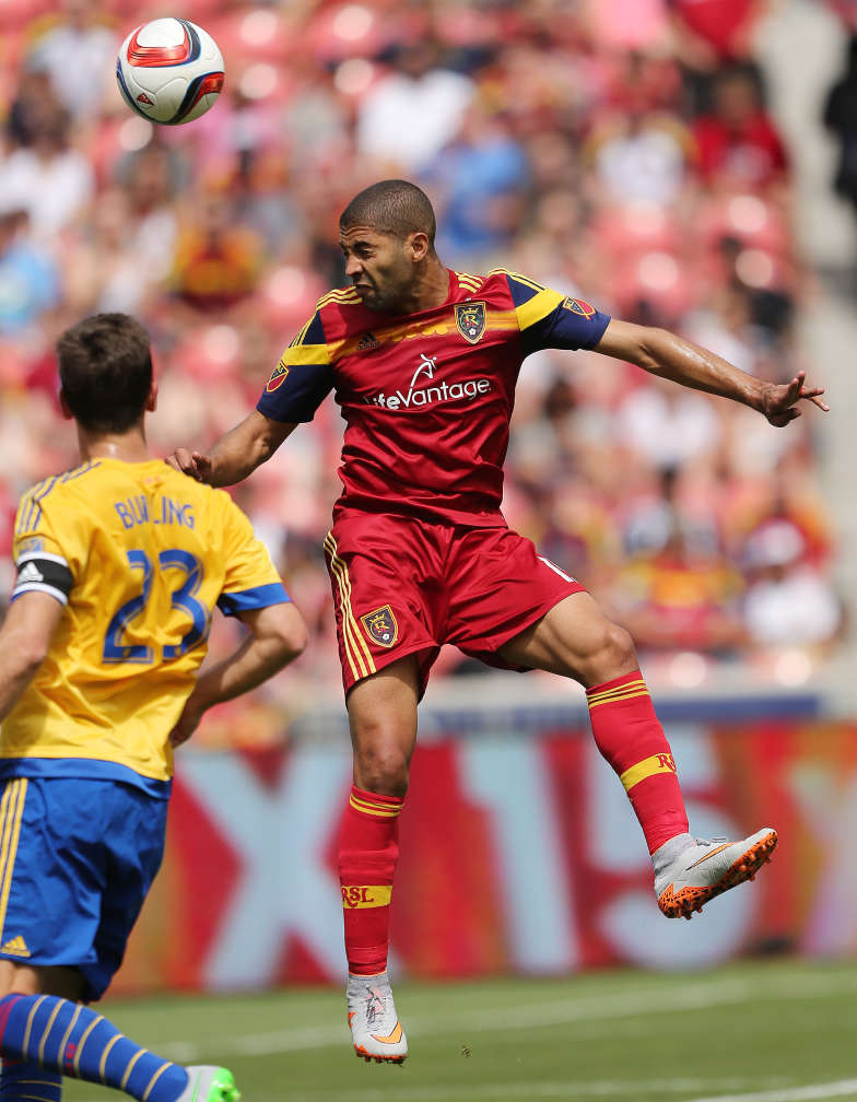 Real Salt Lake forward Alvaro Saborio (15) heads the ball during MLS action in Sandy Sunday, June 7, 2015. (Photo: Jeffrey D. Allred/Deseret News)