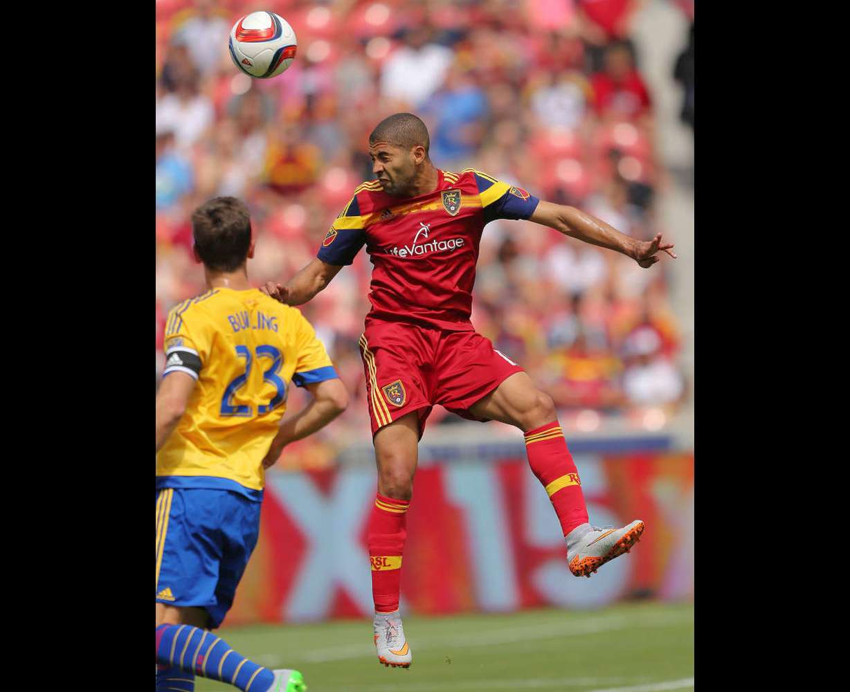 Real Salt Lake forward Alvaro Saborio (15) heads the ball during MLS action in Sandy Sunday, June 7, 2015. (Photo: Jeffrey D. Allred/Deseret News)