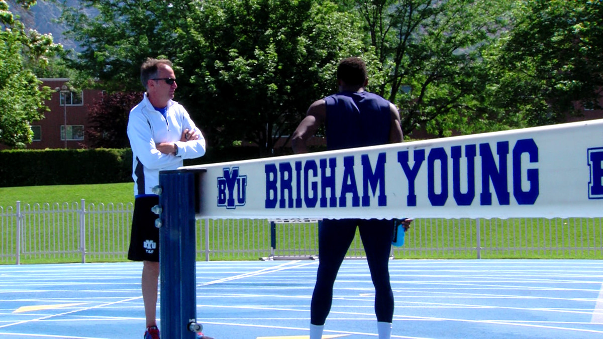 BYU track and field standout Shaquille Walker, shown here with coach Ed Eyestone, is among the favorites to win the 800-meter title at the NCAA Track and Field Championships this week, and he'll also add to the Cougars' 1,600-meter relay team. (Photo: KSL TV)