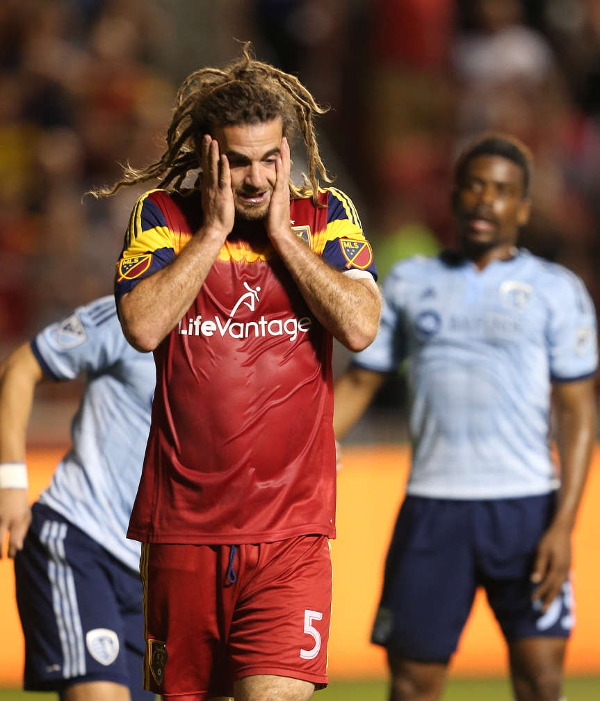 Real Salt Lake midfielder Kyle Beckerman (5) just misses a goal in MLS action in Sandy Sunday, June 21, 2015. Real won 2-1. (Jeffrey D. Allred/Deseret News)