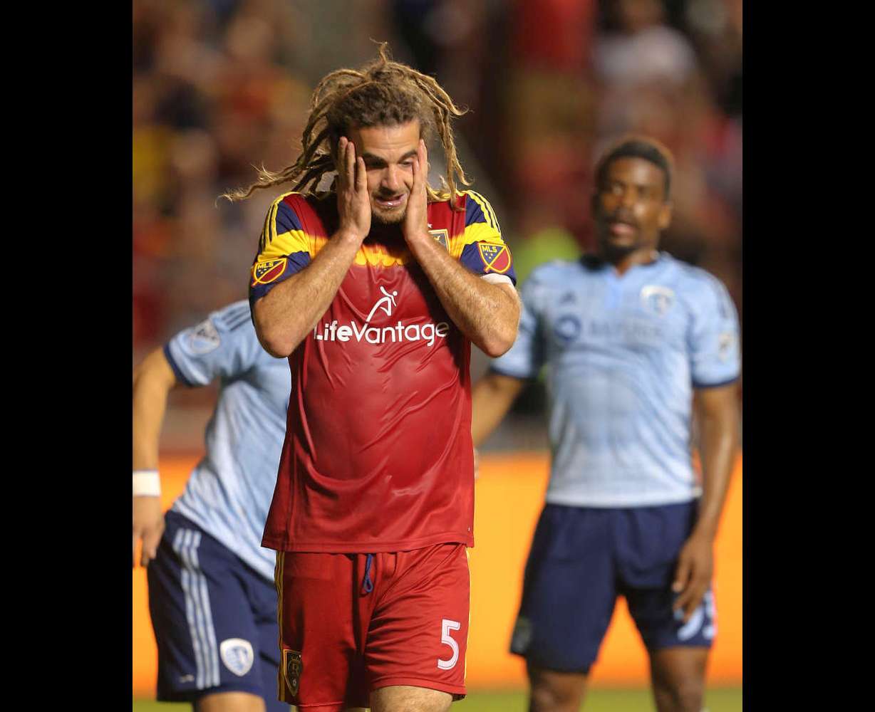 Real Salt Lake midfielder Kyle Beckerman (5) just misses a goal in MLS action in Sandy Sunday, June 21, 2015. Real won 2-1. (Jeffrey D. Allred/Deseret News)