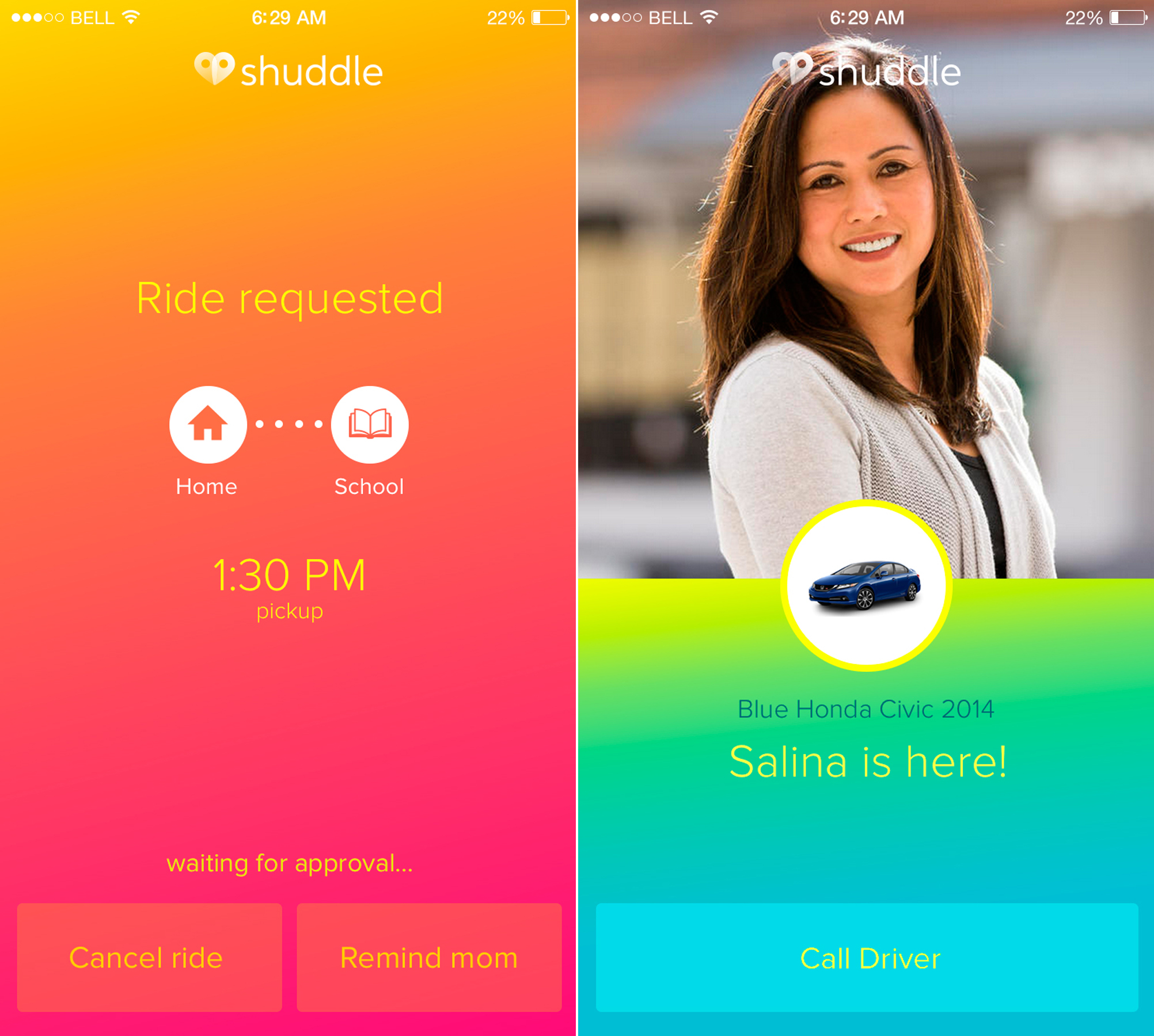 This product image provided by Shuddle shows screens from ShuddleMe, an app that lets eight- to 16-year-old kids who need to get to school, a sporting event or a social activity book a ride themselves within an hour of when the service is needed.(Shuddle via AP)