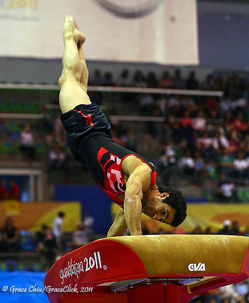 Hugh Smith competes for the national Canada gymnastics team on the vault. (Photo: Grace Chiu)