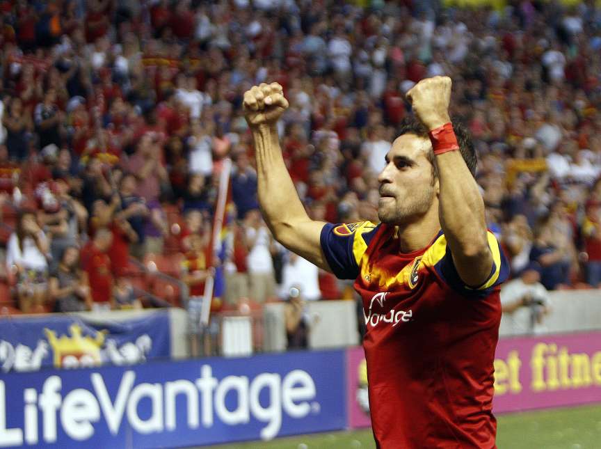 Real Salt Lake forward Sebastian Jaime celebrates after scoring a goal in the second half against Columbus Crew SC at Rio Tinto Stadium in Sandy, Saturday, June 27, 2015. The match ended in a draw, 2-2. (Photo: Chris Samuels/Deseret News)