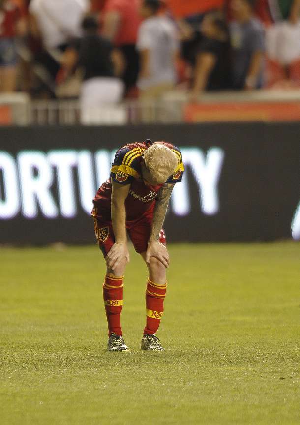 Real Salt Lake midfielder Luke Mulholland catches his breath after the final whistle against Columbus Crew SC at Rio Tinto Stadium in Sandy, Saturday, June 27, 2015. The match ended in a draw, 2-2. (Photo: Chris Samuels/Deseret News)