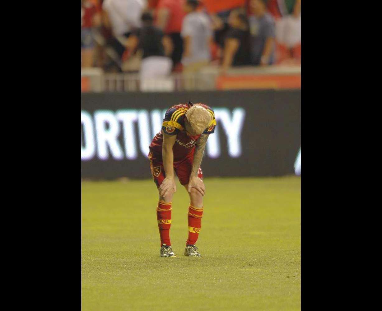 Real Salt Lake midfielder Luke Mulholland catches his breath after the final whistle against Columbus Crew SC at Rio Tinto Stadium in Sandy, Saturday, June 27, 2015. The match ended in a draw, 2-2. (Photo: Chris Samuels/Deseret News)