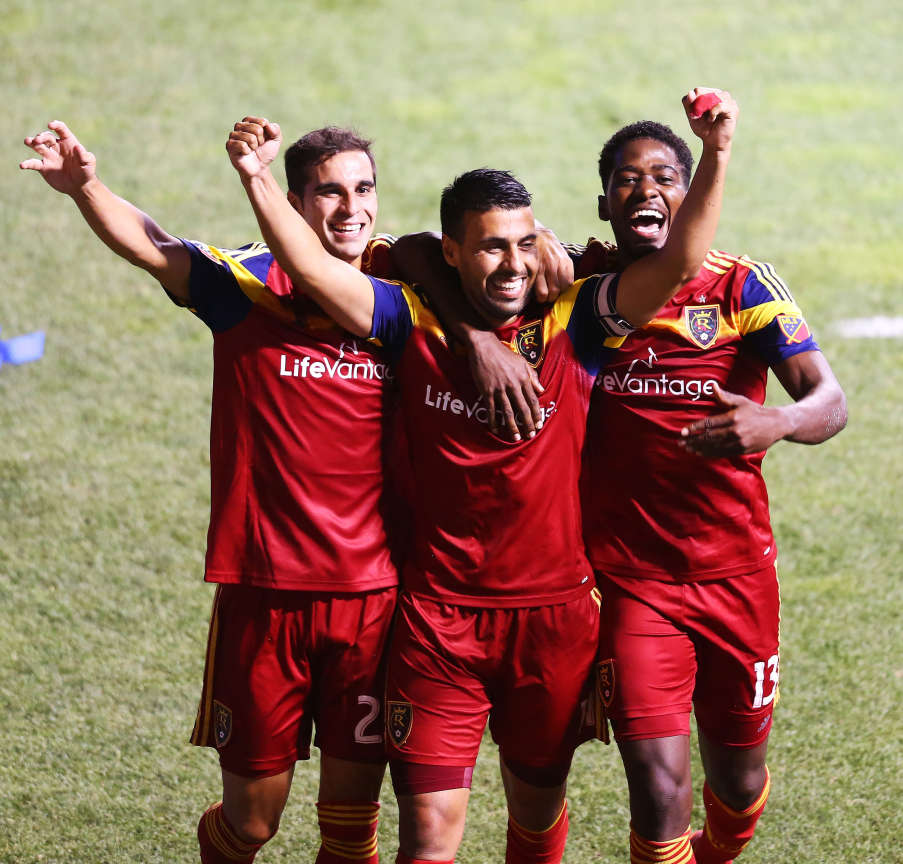 Javier Morales, center, celebrates with teammates Sebastian Jaime and Olmes Garcia after scoring on a penalty kick, as Real Salt Lake and the Portland Timbers play Wednesday, July 1, 2015, at Rio Tinto Stadium in Sandy. (Scott G Winterton/Deseret News)