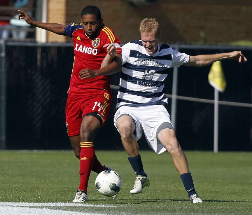 Yordany Alvarez of Real Salt Lake battles for control of the ball against Jace Green of Brigham Young University during a friendly match at BYU in Provo Saturday, May 19, 2012. (Photo: Brian Nicholson/Deseret News)