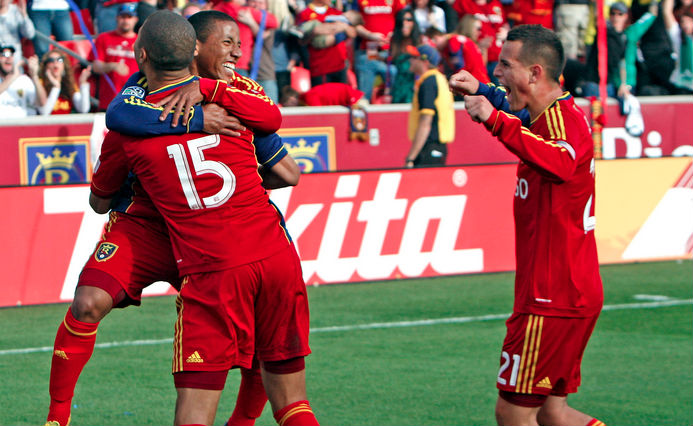 Real Salt Lake's Alvaro Saborio is hugged by teammates Luis Gil, left, and Joao Plata, right, on March 16, 2013, in Sandy. RSL traded Saborio to D.C. United for Luis Silva two weeks ago. (Photo: Tom Smart/Deseret News)
