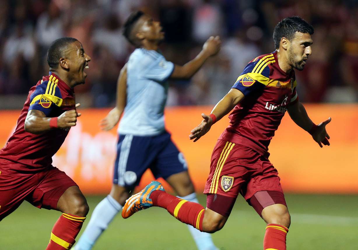 Real Salt Lake's Javier Morales, right, celebrates scoring a goal against Sporting Kansas City during an MLS soccer game, July 24, 2015. at Rio Tinto Stadium. (Ravell Call/The Deseret News)