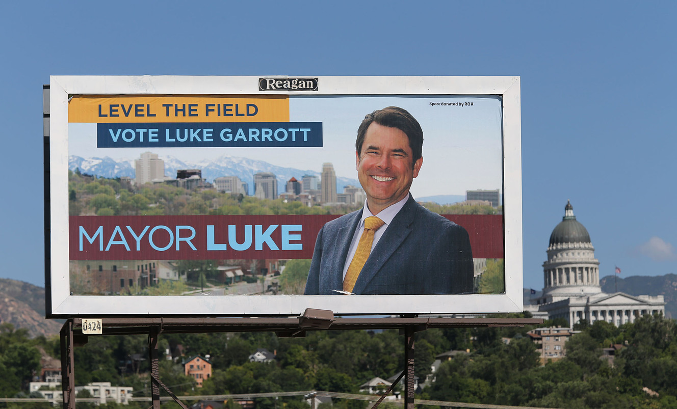 A billboard supporting Salt Lake City mayoral candidate Luke Garrott is displayed along 600 North, east of I-15, July 27, 2015, in Salt Lake City. Reagan Advertising, a billboard company, has used a PAC to funnel more money to defeat incumbent Ralph Becker in the mayor's race, and Garrott is demanding the company stop independent donations to his campaign (Photo: Tom Smart, Deseret News)