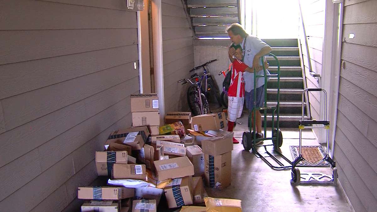 Saturday, nearly 300 packages filled with books arrived for Mathew Flores. Ron Lynch delivered them to the boy, who would hastily grab people's discarded junk mail for reading material before. Now they plan to share the wealth of books he's received. (Photo: John Wilson/KSL-TV)