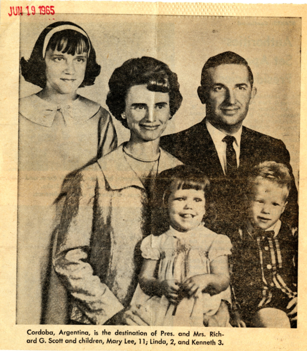 "Cordoba, Argentina, is the destination of Pres. and Mrs. Richard G. Scott and children, Mary Lee, 11, Linda, 2, and Kenneth, 3," the June 19, 1965 caption read. (Deseret News Archives)