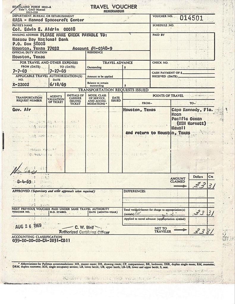 Buzz Aldrin's travel expenses for mission to moon and back: $33.31