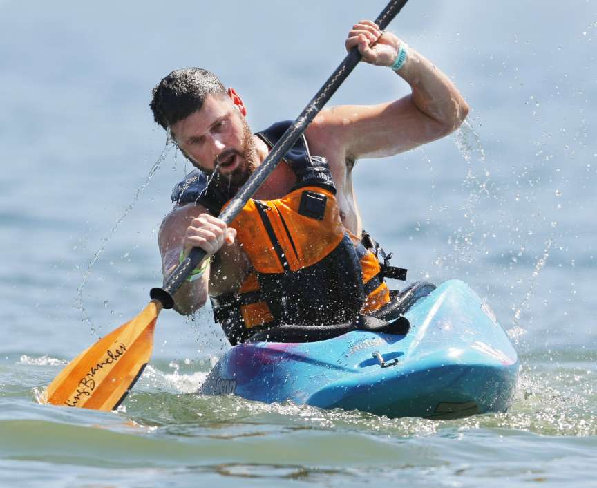 Brent Long gets in some kayak time in a Jackson kayak at the Outdoor Retailer demo day Tuesday, Aug. 4, 2015, on Pineview Reservoir in Huntsville. (Photo: Scott G Winterton/Deseret News)