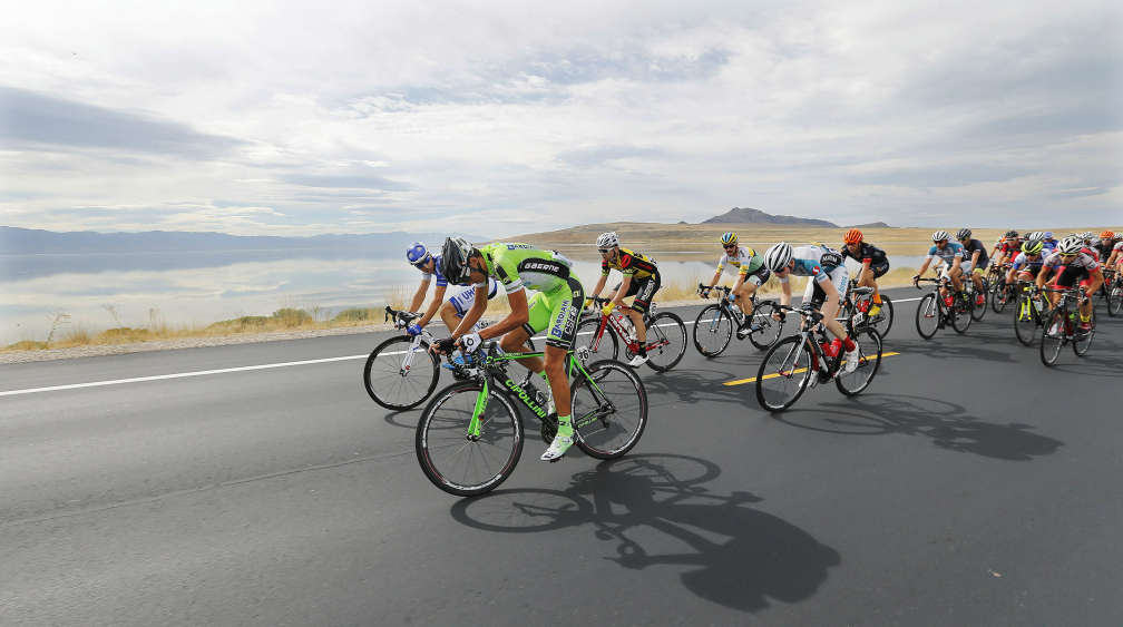 Tour of Utah riders compete on Antelope Island Causeway and the Great Salt Lake on Wednesday, Aug. 5, 2015. (Photo: Jeffrey D. Allred, Deseret News)