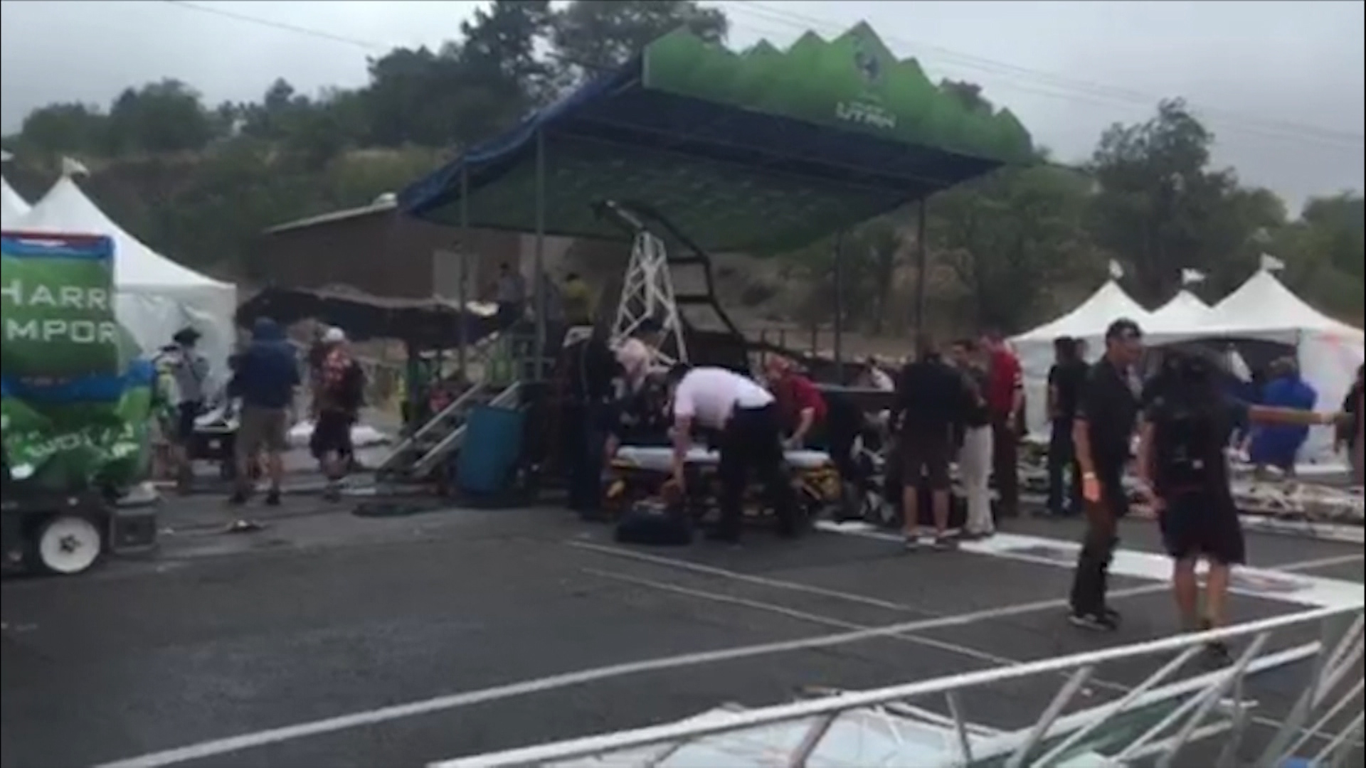 Safety measures of the Tour of Utah were marred as it concluded Friday when 2 people were injured by the course's metal finish line arch, which collapsed around 7 p.m. in windy weather. (Photo: Ashley Kewish, KSL-TV)