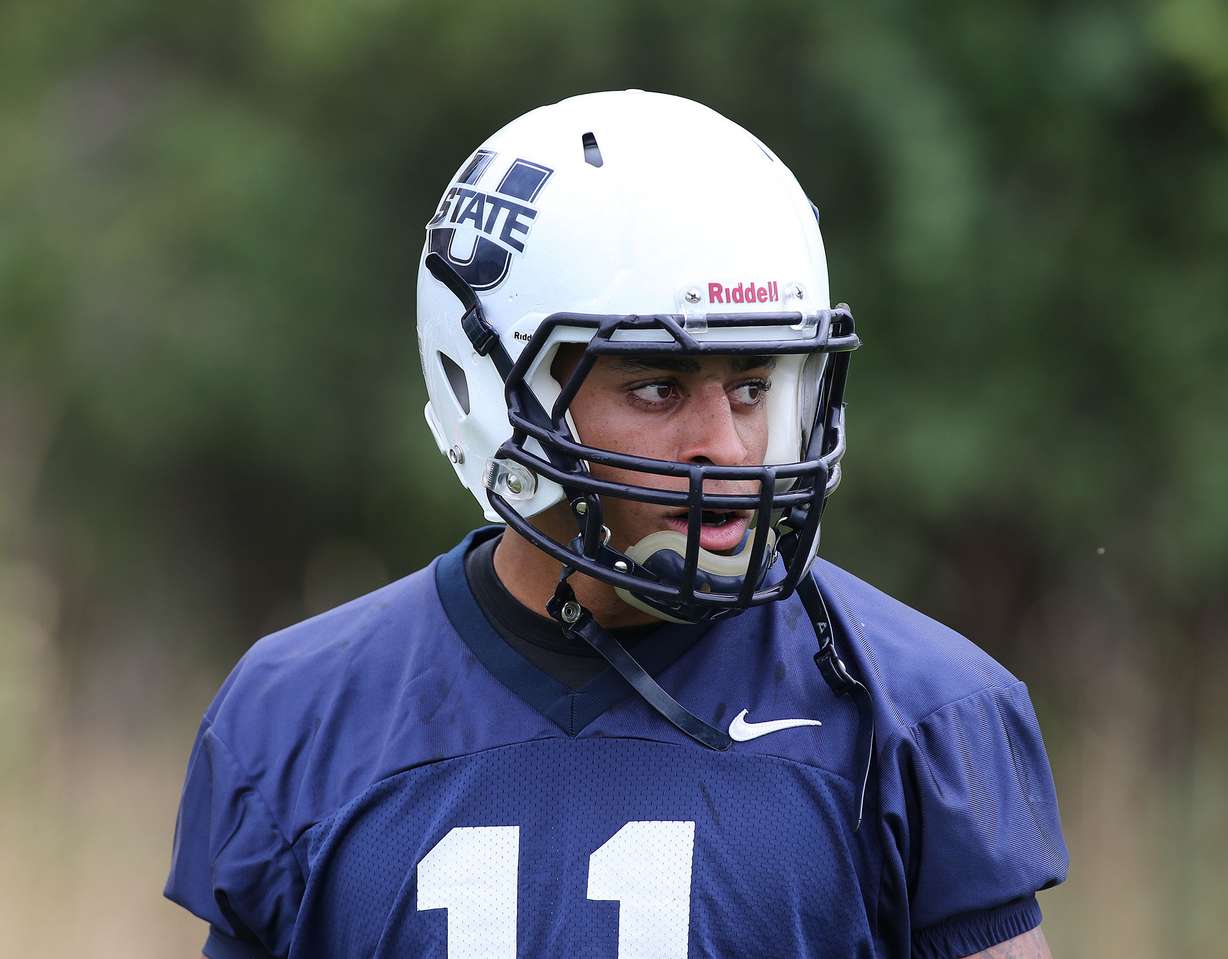 Brandon Swindall, during Utah State football practice Aug. 7, 2015 in Logan, a senior wideout who missed almost all of last year, seems like he's been all but forgotten, but with JoJo Natson gone, he could really play a huge role this year. (Photo: Tom Smart/Deseret News)