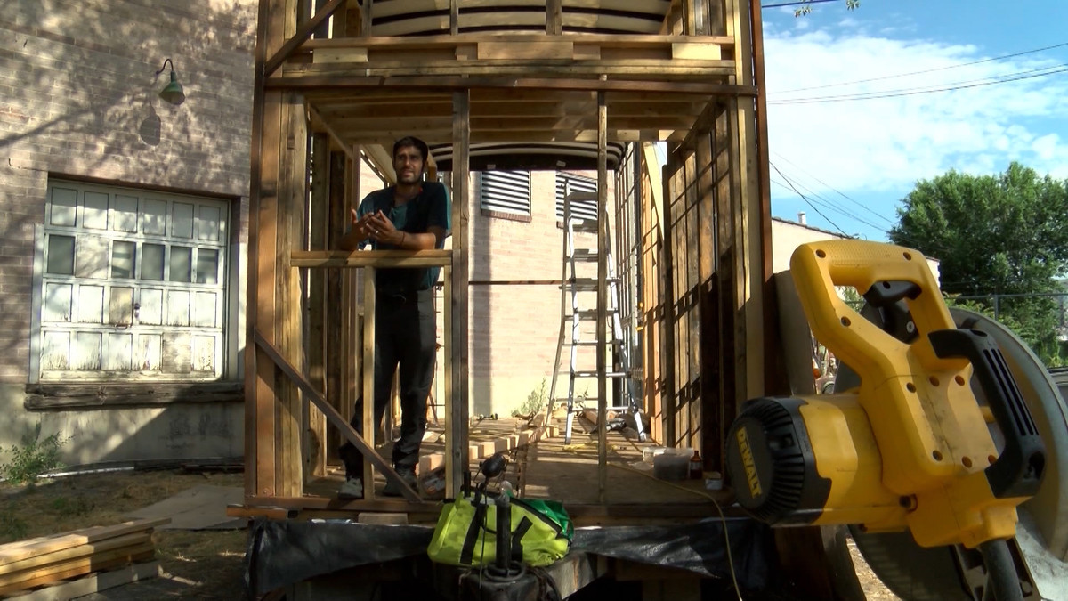 Salt Lake City entrepreneur and snowboard guide Tony Pavlantos is building a small house — he calls it a "smouse" — for $2,500. His "spacious" 400-square-foot home is being built from reclaimed materials. (Photo: KSL-TV)