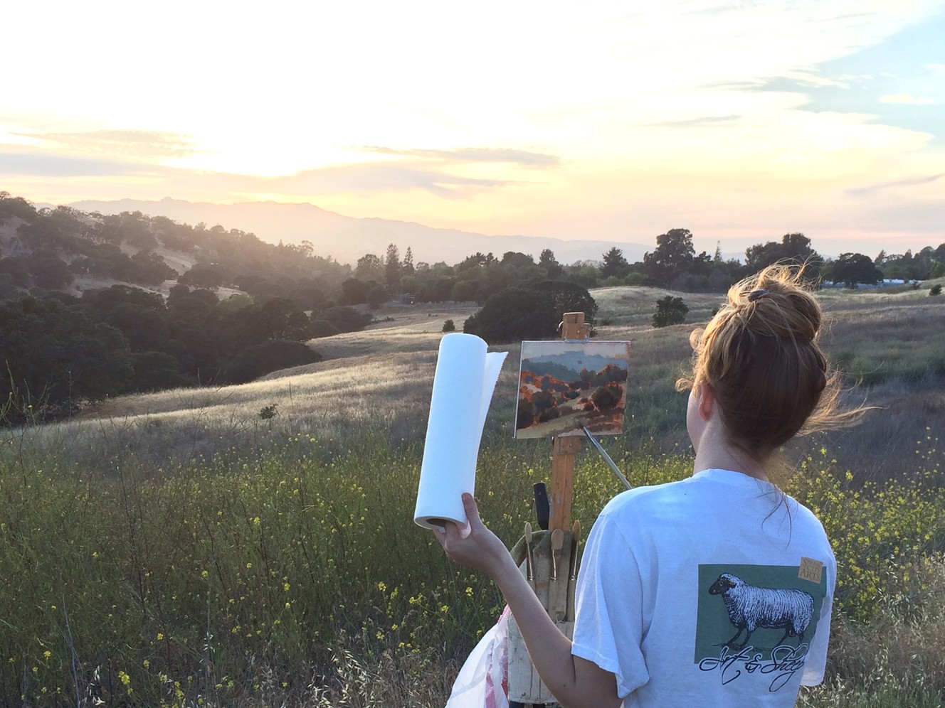 Oil painter creates landscape art in the fresh air