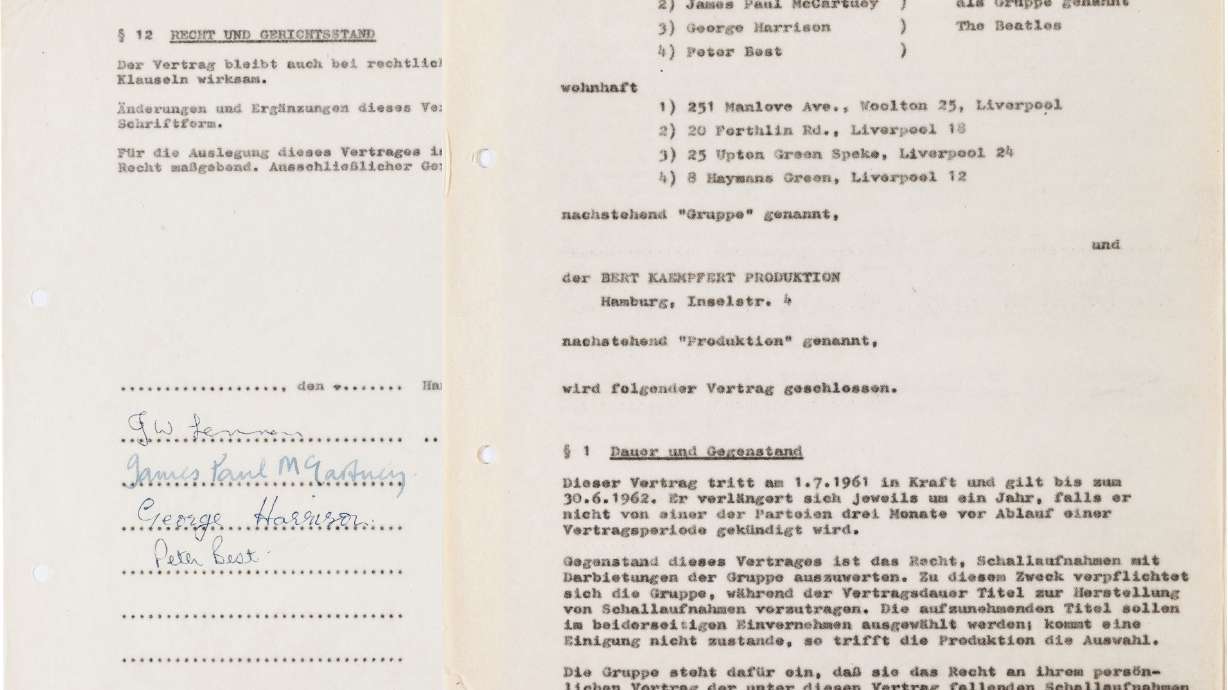 Beatles' first recording contract to be auctioned next month