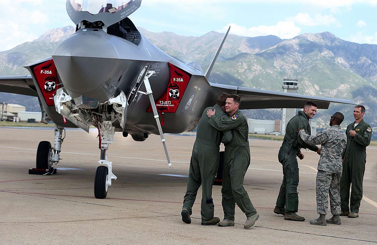 Pilots with the 34th Fighter Squadron of the 388th Fighter Wing are greeted after landing two F-35A Lightning II aircraft at Hill Air Force Base on Wednesday, Sept. 2, 2015. (Photo: Laura Seitz, Deseret News)
