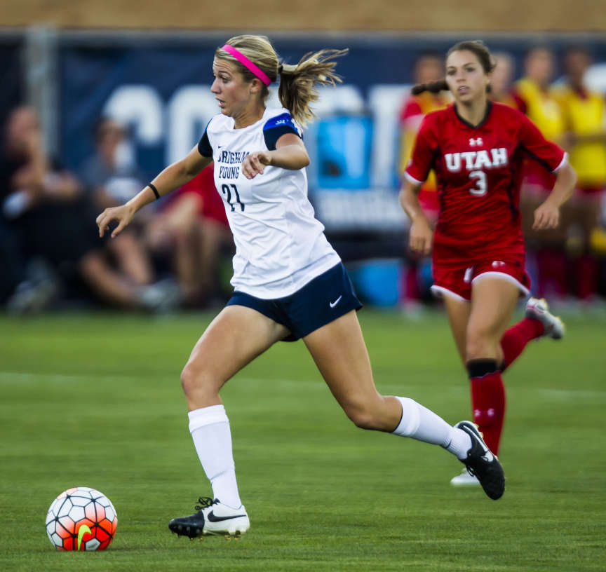 BYU's Madie Siddoway (21) looks for an open pass during the BYU Cougars and Utah Utes soccer game at BYU in Provo on Sept. 4, 2015. (Photo: Stacie Scott, Deseret News)