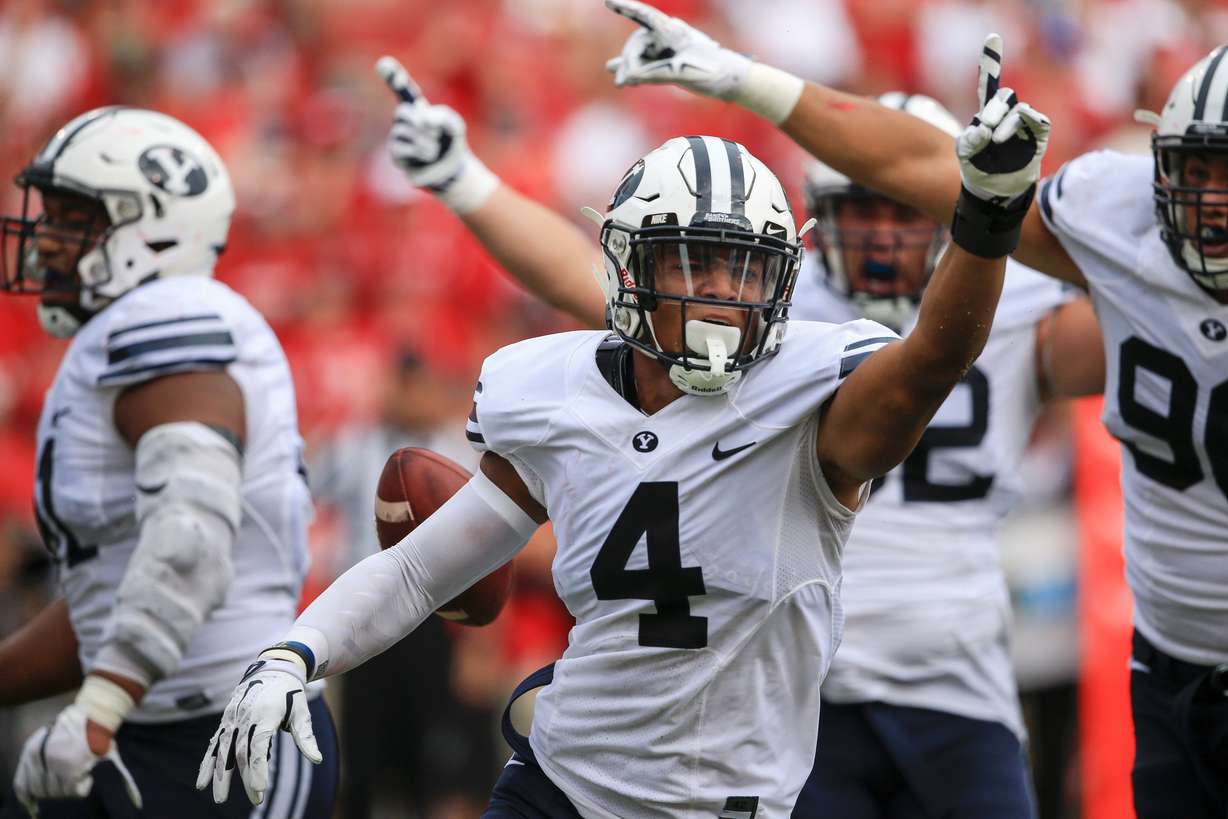 BYU linebacker Fred Warner (4) celebrates after recovering a fumbled ball for a turnover during the first half of an NCAA college football game against Nebraska in Lincoln, Neb., Saturday, Sept. 5, 2015. (AP Photo/Nati Harnik)