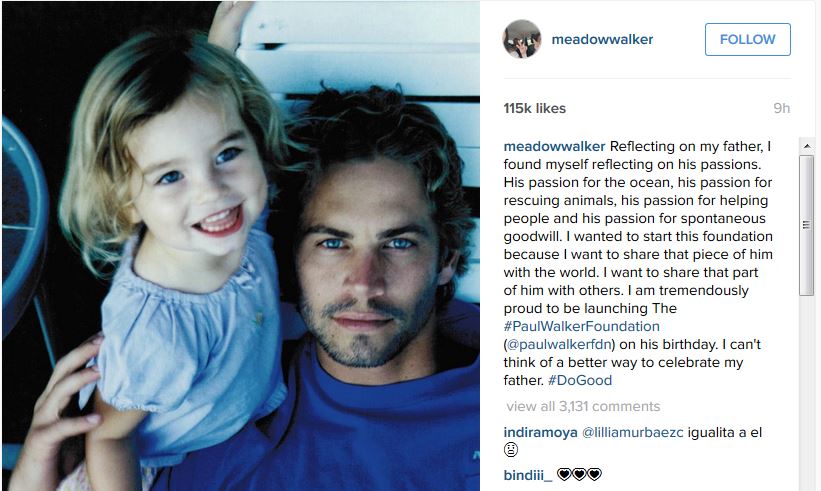 Paul Walker's daughter launches foundation on late father's birthday