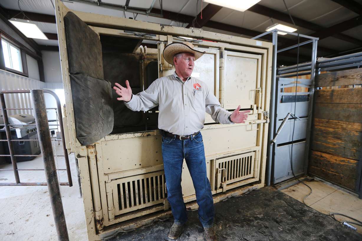 Gus Warr, BLM Wild Horse and Burro Program lead, explains Monday, Sept. 14, 2015, in Axtell, Sanpete County some of the Despain family facility, as officials show the 32-acre off-range corrals. (Photo: Scott G Winterton, Deseret News)