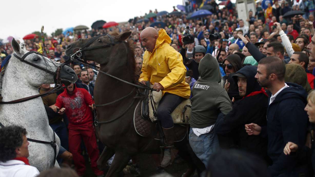 Men on horseback in Spain spear bull to death amid protests