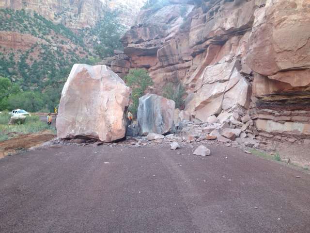 Several large rocks fell on Wednesday, Sept. 23 and temporarily closed state Route 9 in Zion National Park. Photo Credit: Zion National Park