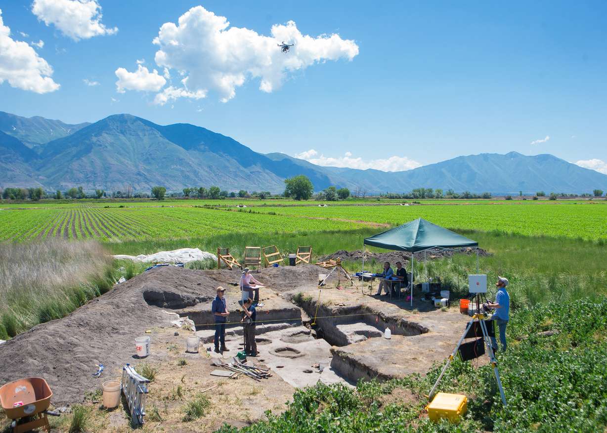 A drone is flown over a Fremont indian pit house to take photographs of the excavations at the Hinckley Mounds as it progressed over eight weeks. (Photo: Savanna Sorensen/BYU)