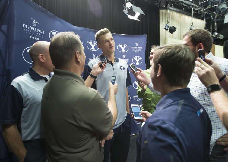 Kyle Collinsworth addresses the media during BYU men's basketball media day Tuesday. (Photo: Mark Philbrick/BYU Photo)